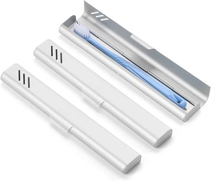 Travel Toothbrush Case, 2Pack Portable Toothbrush Holders, Durable Aluminum Toothbrush Storage Box, Small Breathable Manual Toothbrush Container for Traveling, Camping, Business Trip - Sliver