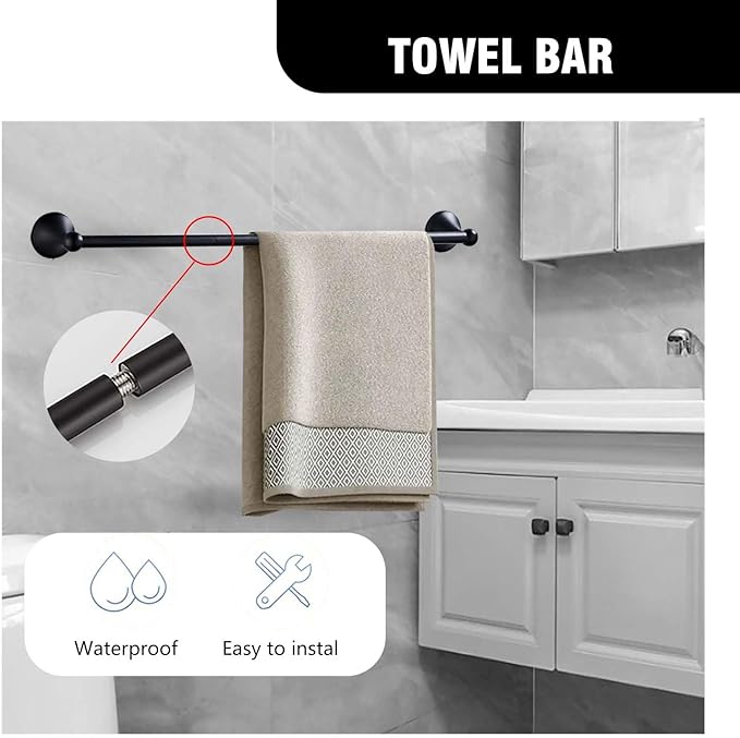 Matt Black Bathroom Accessory Set, Adjustable Towel Bar,Towel Ring,Toilet Paper Holder,Robe Hook 4-Piece Bathroom Hardware Set Wall Mounted (Matt Black)