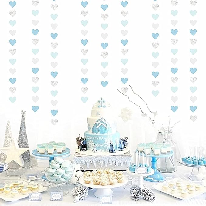 Light-Blue White-Silver Party-Decoration Heart Garland - 52ft Baby Boy Shower Birthday Streamers,Graduation Bachelorette Bridal Christmas Banner Decor Lasting Surprise