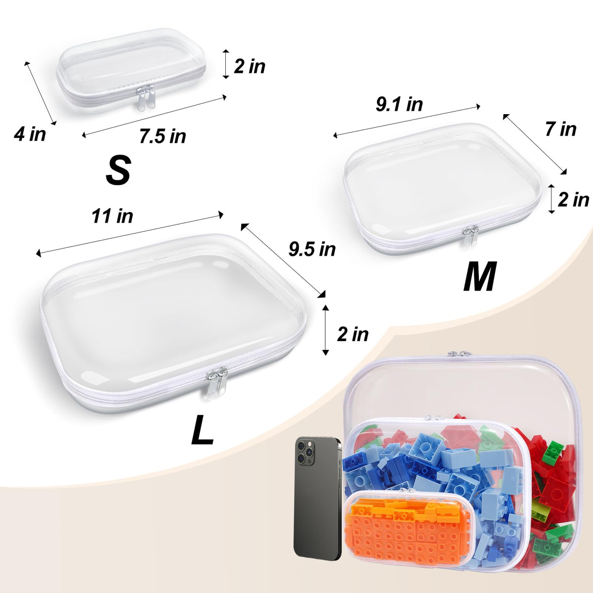 SXS LACONIC Clear Hard Plastic Zipper Case,Transparent Double Zippers Hard Pouch with 6pcs,Portable Travel Organizer Bin for Toy Storage