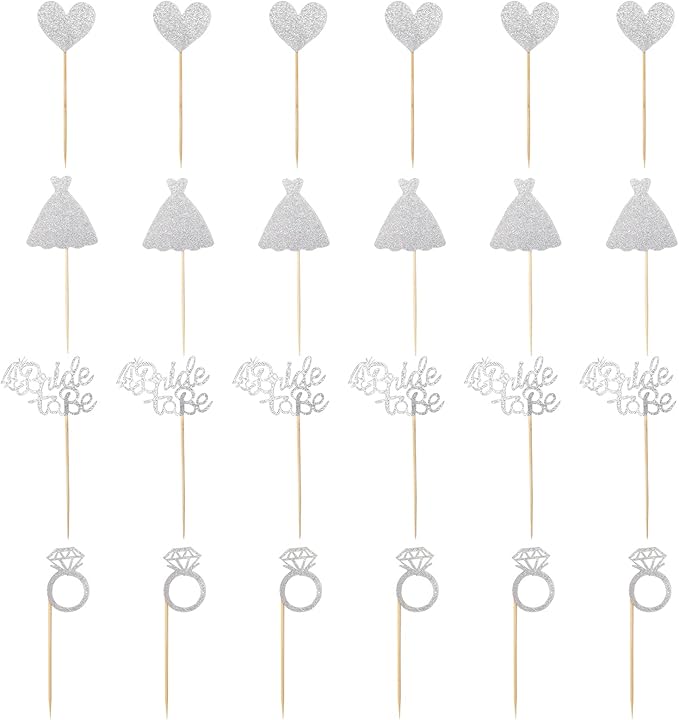 24 Pcs Glitter Bride Cupcake Toppers Silver Bridal Shower Cupcake Picks with Heart Ring Dress for Wedding Engagement Anniversary Party Cake Decorations