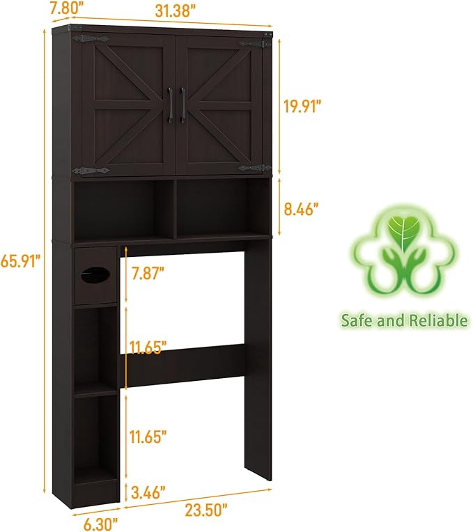 Vabches Over The Toilet Storage Cabinet, Farmhouse Storage Cabinet Over Toilet with 2 Barn Doors & Toilet Paper Holder Stand，Home Space-Saving Toilet Rack, for Laundry, Restroom, Bathroom.Walnut