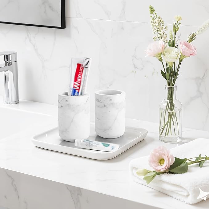 Natural Marble Toothbrush Holder for Bathroom Countertop Toothbrush Makeup Brush Holder for Bathroom,Toothpaste Organizer,Razor Stand,Anti-Slip Rubber Pad (NS036) (Column)