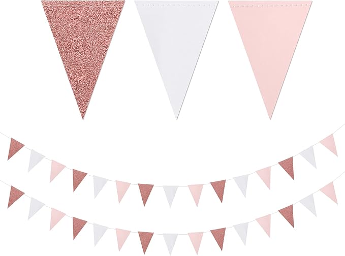 Pink-White Rose-Gold Party Decorations Banner - 2 Pack Valentines Mothers Day Engagement Baby Bridal Shower Paper Pennant Triangle Flags,Girl Birthday Bachelorette Wedding Bunting Lasting Surprise