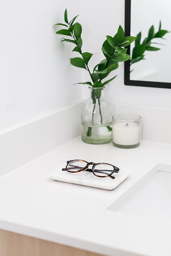 Beau Brummell Solid White Marble Decorative Jewelry & Accessory Tray for Bathroom, Kitchen, Vanity, Dresser, Nightstand or Desk | Hand Crafted from 100% Real Solid White Marble | 6.5"x4.5"x 0.5"