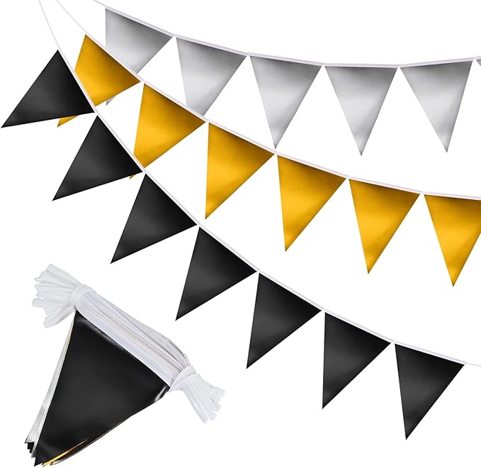 PATIKIL Pennant Banner Flags 33 Ft, 36 Pcs Colorful Triangle Banners Party Banner Bunting Garland String for Graduation Birthday Wedding Outdoor Decoration, Black/Gold/Silver