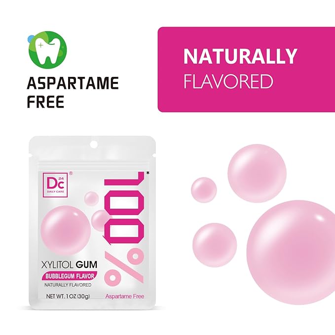 DC24 DAILY CARE 100% Xylitol Gum | Aspartame Free Chewing Gum | Natural Bubblegum Flavored Sugar Free Gum, 20 Pieces, Pack of 5