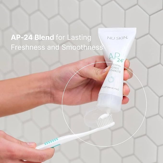 Nu Skin AP 24 Whitening Fluoride Toothpaste | AP 24 Blend | Vanilla Mint Flavor | Brightens Teeth | Removes Surface Stains | Prevents Dental Cavities & Plaque | Enamel-Safe | 4 oz | 1 Pack
