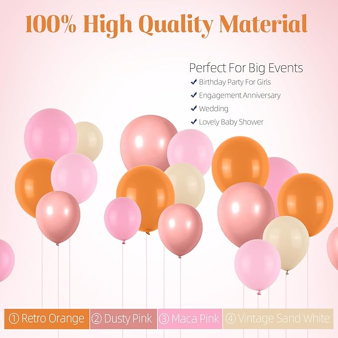 Boho Balloon Garland Arch Kit, Dusty Pink Orange Balloon Arch with Maca Pink Sand White Burnt Orange Latex Balloons for Women Flower Daisy Birthday Wedding Party Decorations