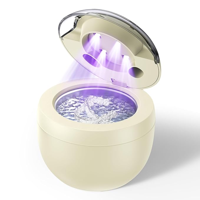 Ultrasonic Retainer Cleaner, Retainer Cleaner Machine for Dentures, Mouth Guards, Braces, Toothbrush Heads, Jewelry with 200ML Capacity, 45kHz Retainer Cleaning, 4 Modes for Appliances (Light Yellow)
