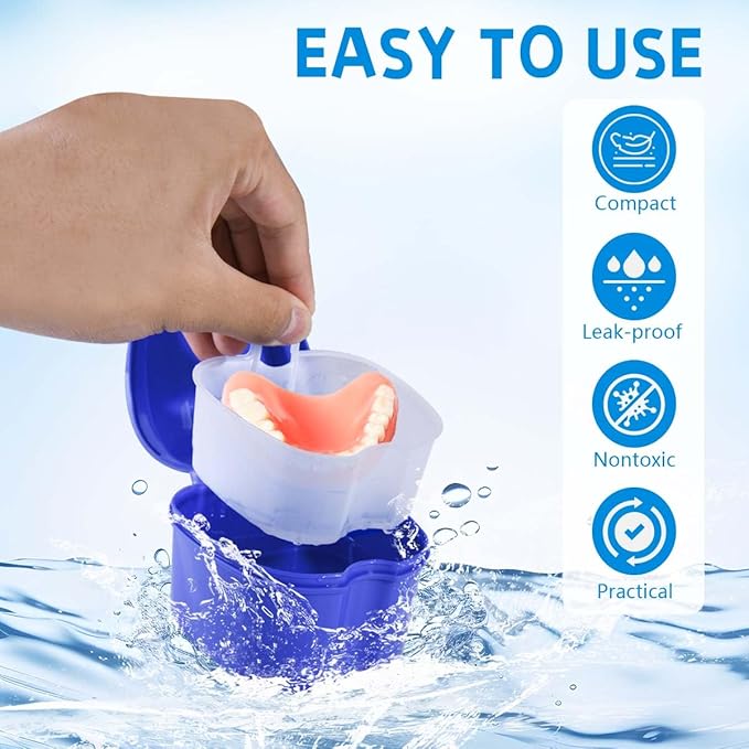 Light Blue Denture Bath Case Cup Box Holder Storage Soak Container with Strainer Basket for Travel Cleaning
