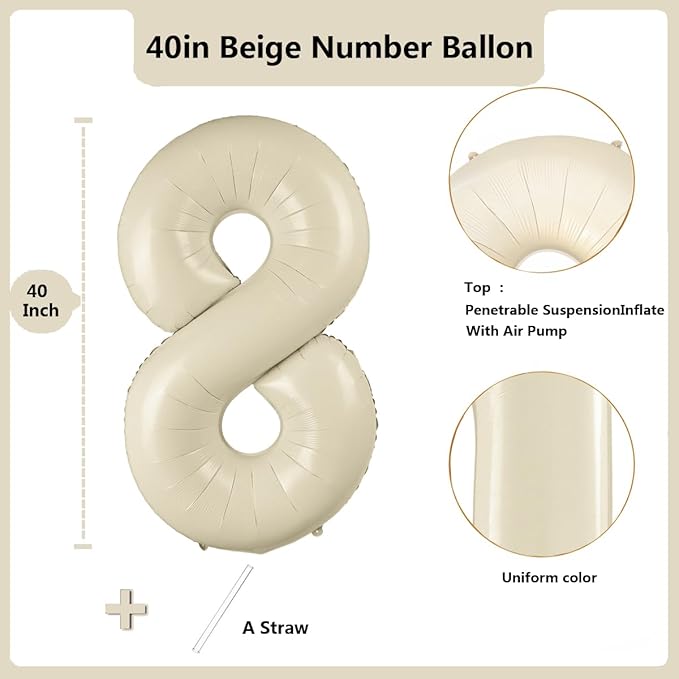 40 inch Cream White Number Balloon Giant Foil Helium Balloons Beige Number 8 Balloon for 8th Birthday Party Anniversary Decorations Supplies