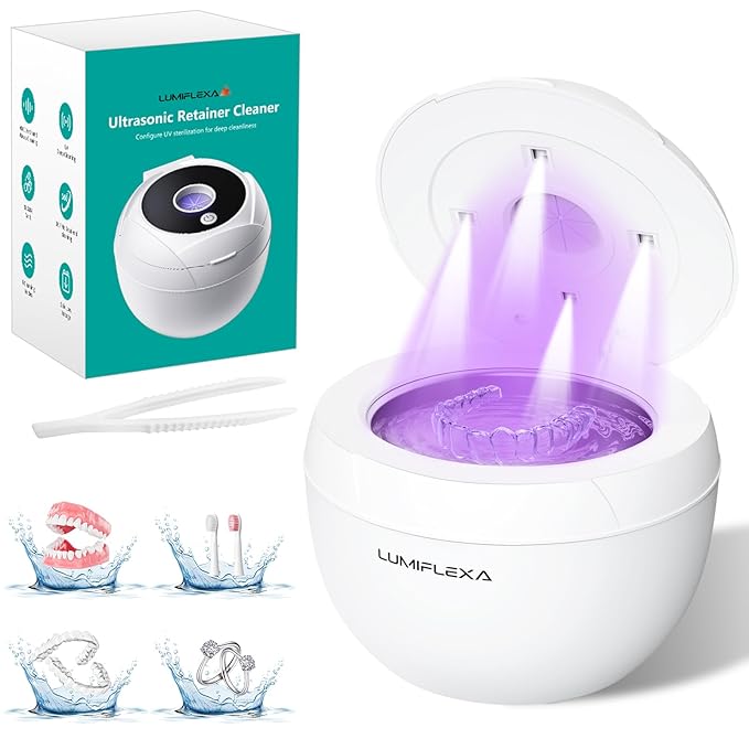 Ultrasonic Retainer Cleaner-45kHz Retainer Cleaner Machine,4 Modes Ultrasonic Cleaner for Dentures, Aligners,Mouth Guards, Braces,Toothbrush,Jewelry-200ML Dental Pod(White)