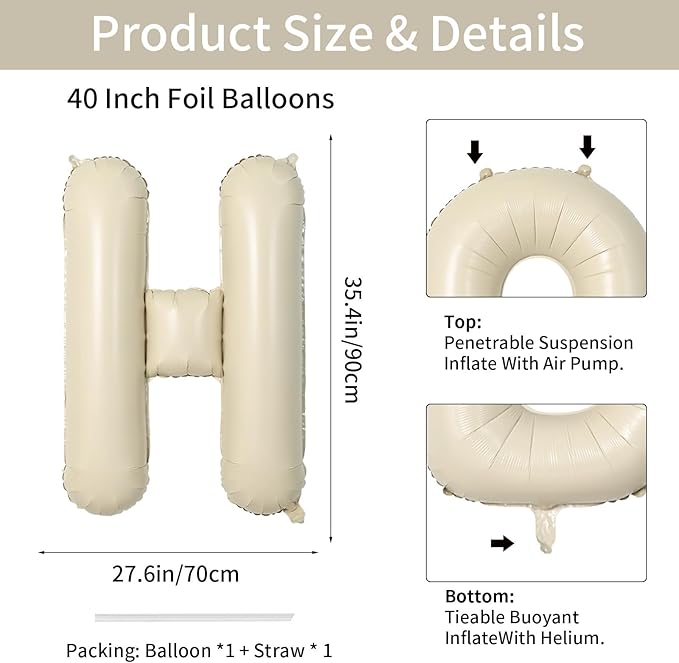 Biapian 40 Inch Letter H Balloons, Giant Cream H Foil Balloon, Big Single Alphabet A-Z Balloons, Beige Large Aluminum H Balloons Helium for Birthday, Baby Shower, Wedding, Anniversary Party Decoration