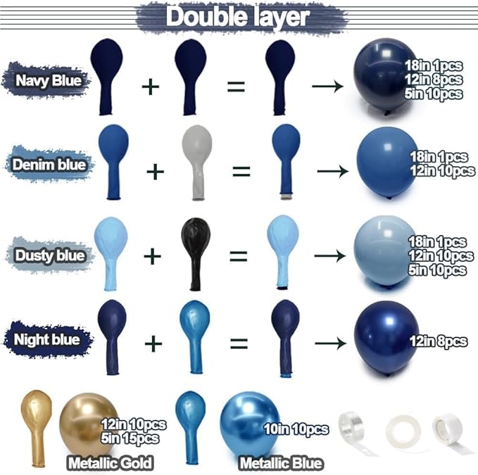 Navy Blue Gold Balloon Arch Kit - Double Stuffed Royal Dusty Blue Gold Balloon Garland Latex Pastel Dark Different Sizes for Graduation Birthday Wedding Baby Shower Anniversary Father's Day Decor