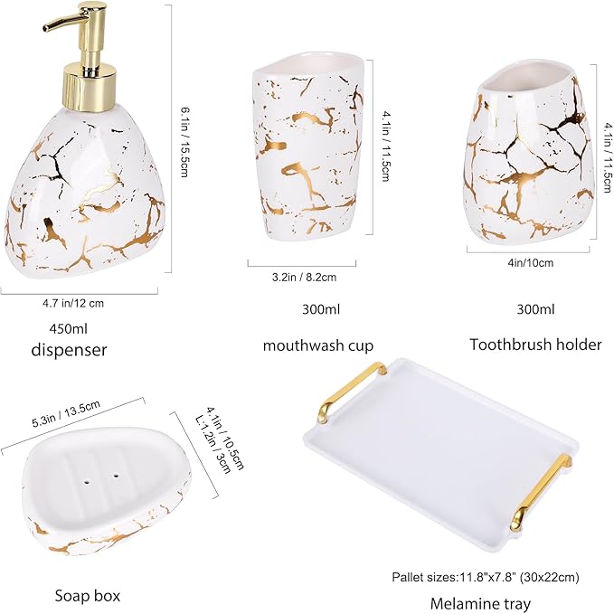 Ceramics White Bathroom Accessories Set,Gold Marble Look Bathroom Decor,Modern 6 Piece Bathroom Accessory Set,Complete with Soap Dispenser,Toothbrush Holder,Tumbler,Tray Countertop