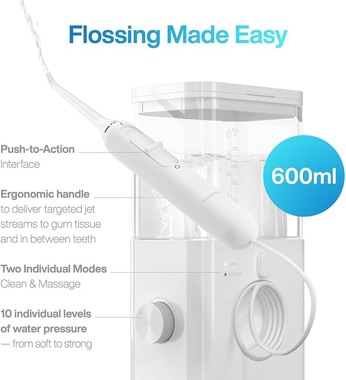 AquaSonic Aqua Flosser PRO | Professional Water Flosser with Large Capacity Reservoir | Oral Irrigator w/ 2 Modes, 10 Levels of Water Pressure, 4 Included Tips | Sleek & Compact