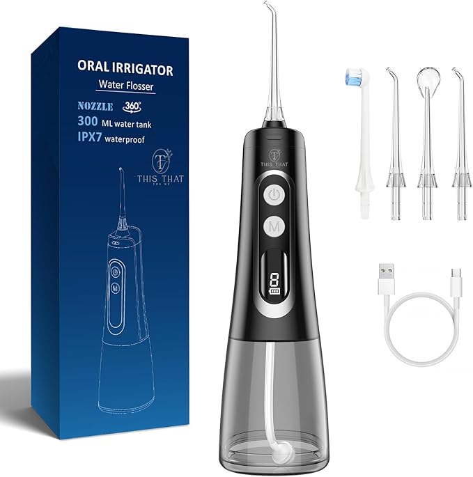TTFM Dental Electric Water Flosser for Teeth Gums Braces, Dental Portable Flosser, 9 Pressure Modes, 300ml Tank Capacity, Rechargeable IPX7 Waterproof Teeth Cleaner