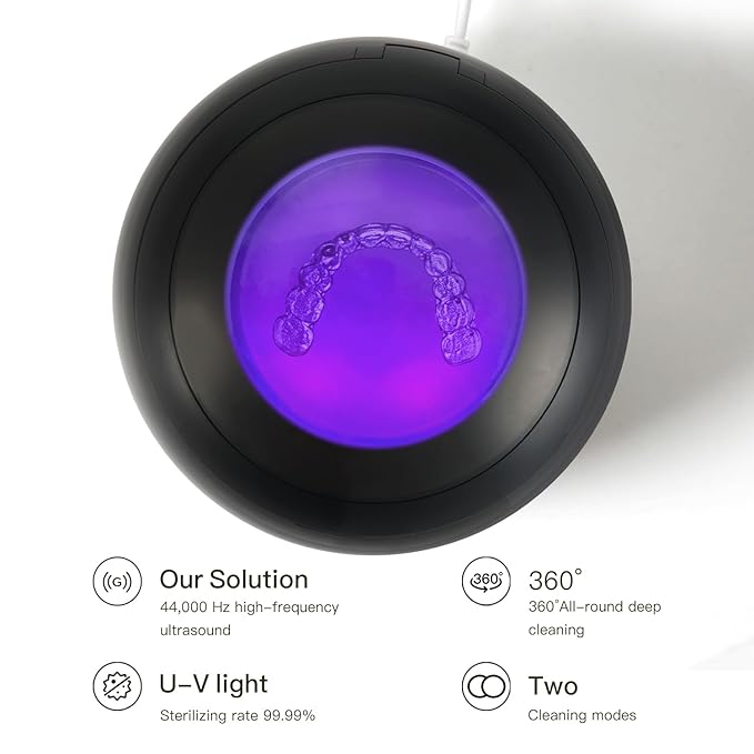 Dental Ultrasonic Retainer Cleaner Machine: 45kHz Dental Cleaning Pod for Denture, Aligner, Mouth Guard, Night Guard, Braces & Jewelry, UV Denture Cleaner with Digital Timer & Dual Mode 250ML Black