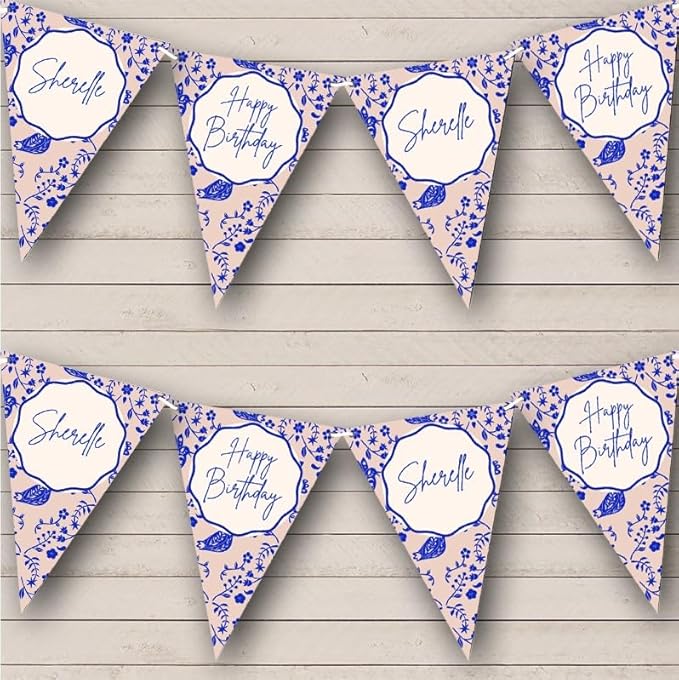 Bright Blue Nordic Birds Pattern Lace Happy Personalized Birthday Party Bunting - Hanging Party Decoration - Birthday Party Banner Garland | Decorative Party Supplies