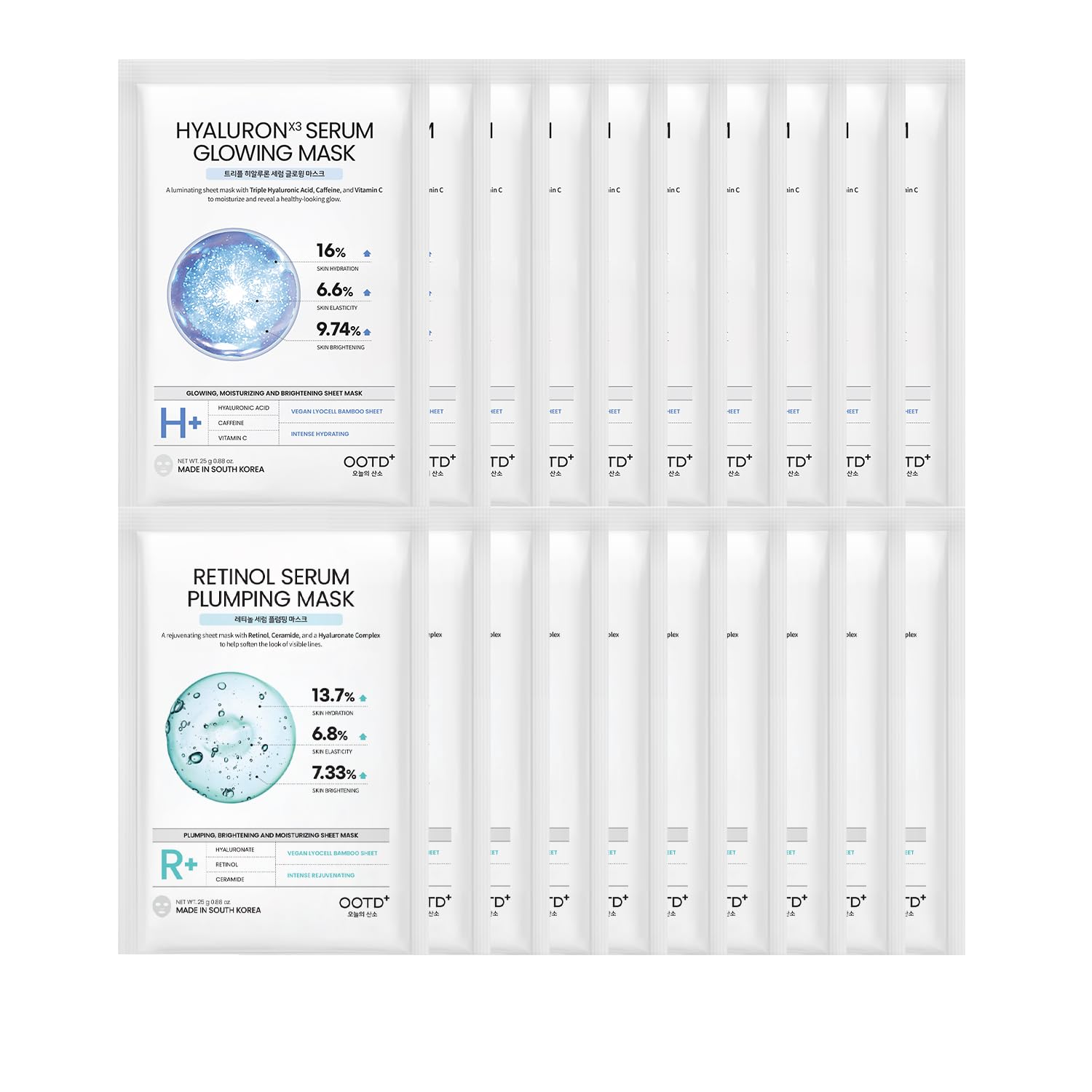 #OOTD Retinol + Hyaluron Serum Korean Sheet Mask Sheet Gift Pack [20 Count] Plumping Glowing Luminating Hydrating Rejuvenating Sheet Mask Gift Pack