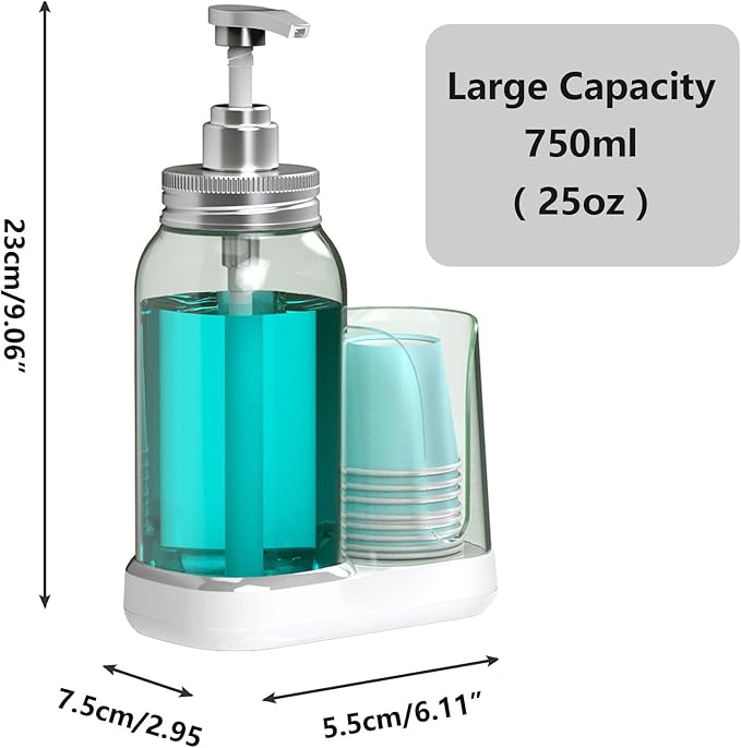 Luvan Mouthwash Dispenser for Bathroom, 25oz Mouthwash Pump Bottle with Cup Holder, Refillable Clear Blue Mouth Wash Container for All Age Groups, Large Capacity Bathroom Mouthwash Holder Set