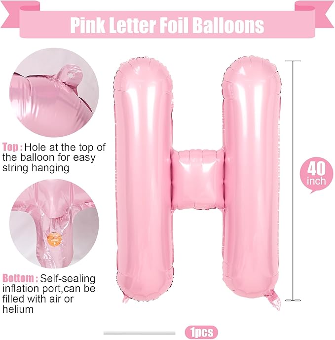 Pink Letter H Balloons,40 Inch H Letter Balloon Light Pink,A to Z Alphabet Helium Custom Pastel Letter Balloon for Birthday Anniversary Baby Shower Wedding Party Decorations
