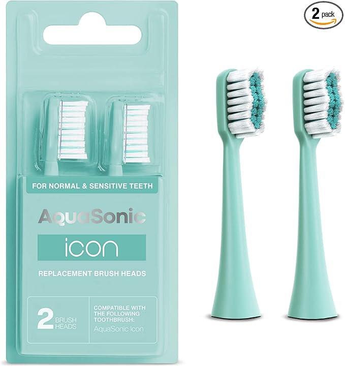 AquaSonic Genuine Icon Replacement Brush Heads | Compatible with AquaSonic Icon Toothbrush | 2 Brush Heads | for Normal & Sensitive Teeth (Mint)