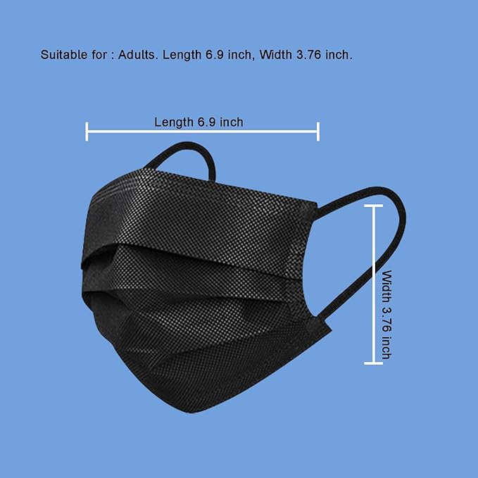 Disposable Face Masks, 3-Ply Breathable Dust Protection for Daily Use, Comfortable Elastic Earloops, Black, 100-Pack