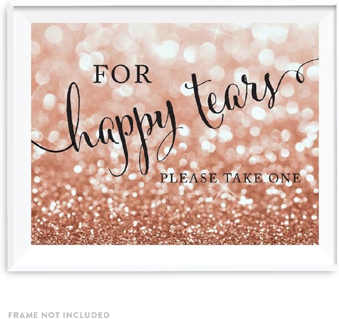Andaz Press Wedding Party Signs, Glitzy Rose Gold Glitter, 8.5x11-inch, For Happy Tears Tissue Kleenex Ceremony Sign, 1-Pack, Bokeh Colored Party Supplies