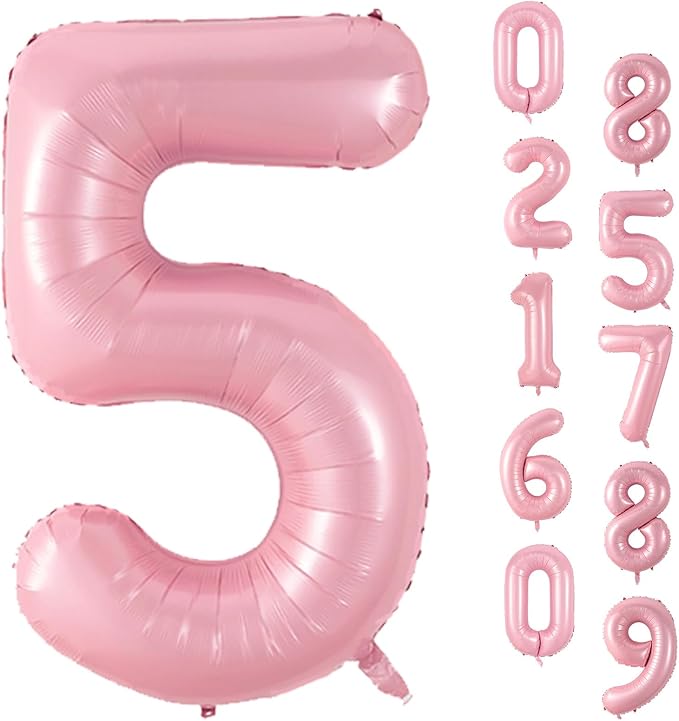 40 Inch Pink Number 5 Balloon, Light Pink Number Balloons Set 0-9, Large Baby Pink 5 Balloon Numbers, Pastel Pink Foil Digital 5 Balloons Helium for Girls Baby Shower 5th Birthday Party Decorations