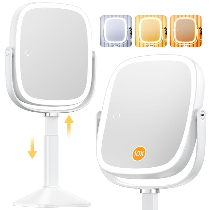 Gospire Rectangle Lighted Makeup Mirror with Magnification, 10X Magnifying Mirror with Lights 3 Color, Height Adjustable and 4000mAh Battery for Bedroom Bathroom, Large Surface for Women or Men- White