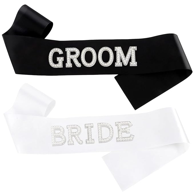 2Pcs Pearl Bride and Groom Sash - White BRIDE Sash & Black GROOM Sash for Bachelorette Party, Hen Party, Wedding, Bridal Shower & Engagement Favors