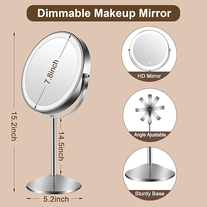 Lighted Makeup Mirror,1x/10x Magnifying Vanity Mirror with Light,3000 mAh Rechargeable 2-Sided Mirror,3 Colors Brightness Adjustable, 360 Degree Rotation, Gift for Women