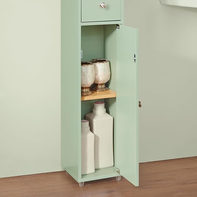 SoBuy Bathroom Narrow Storage Cabinet Skinny Tall Unit with Adjustable Shelves Slender Anti-Tipping Floor Standing Cupboard, Light Green BZR34-GR