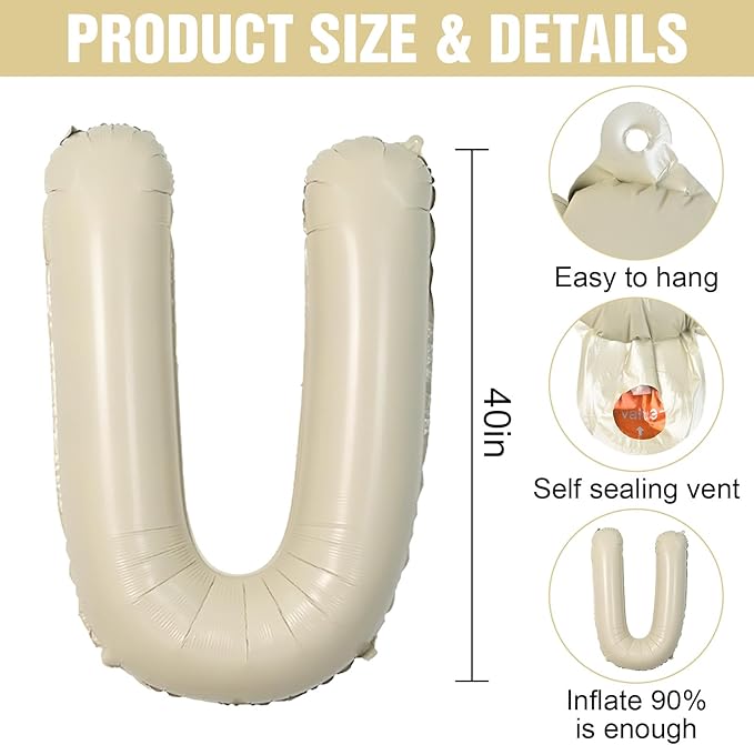 Cream U Letter Balloons,40 Inch Letter U Balloon Beige,Helium Custom Letter Balloon for Birthday Anniversary Party Decorations