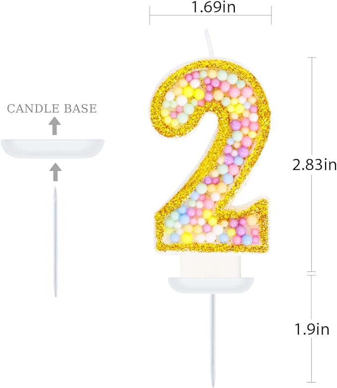 2nd Birthday Candle for Cake, Colorful Macaron Numeral Candles for Boys/Girls, Birthday Party Cake Decorations, Golden Cake Topper for Birthday Party Supplies (Number 2)
