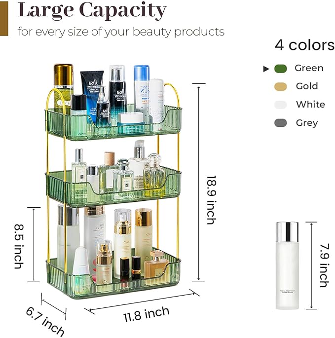 Aveniee Bathroom Counter Organizer, 3 Tier Perfume Skin Care Countertop Storage Shelf, Vanity Makeup Tray for Cosmetic Skincare Lotion,Green