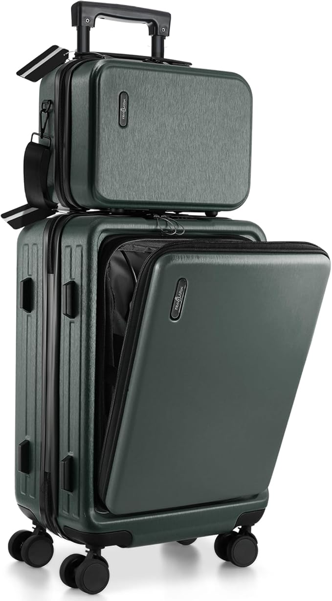TRAVELARIM 20 Inch Carry On Luggage 22x14x9 Airline Approved, Carry On Suitcase with Wheels, Hard-shell Carry-on Luggage, Durable Luggage Carry-On, Green Small Suitcase with Cosmetic Case