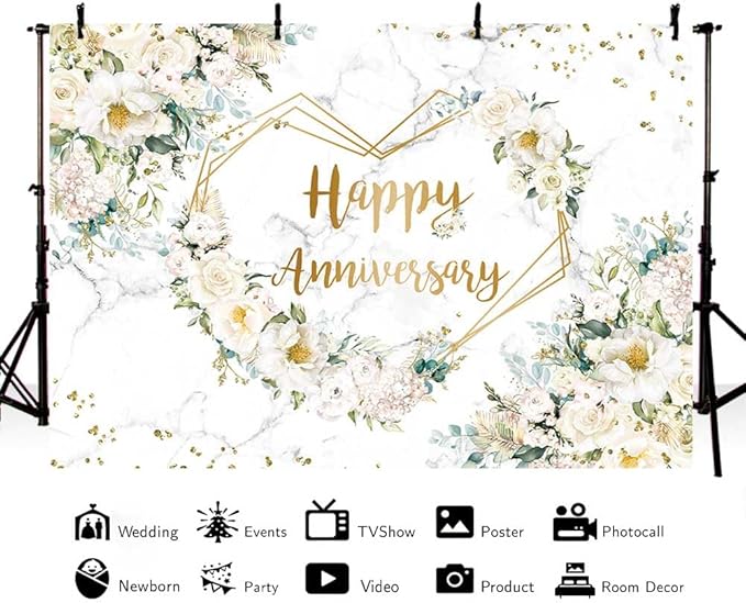 MEHOFOND 10x7ft Happy Anniversary Backdrop White Floral Wedding Anniversary Photography Background Hearts Geometric Couple Wedding Bridal Shower Women Birthday Party Cake Smash Decor Studio Photo Prop