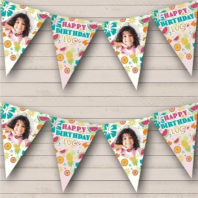 Colourful Floral Hawaiian Fruit Photo Personalized Birthday Party Bunting - Hanging Party Decoration - Birthday Party Banner Garland | Decorative Party Supplies