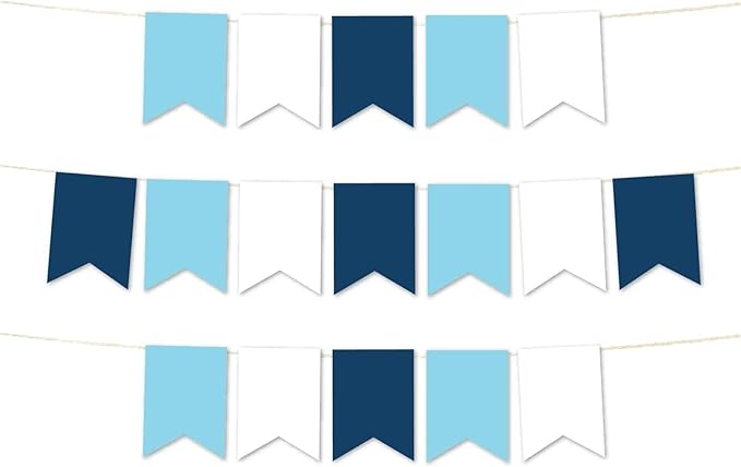 Andaz Press Hanging Pennant Banner with String, Baby Blue, White, Navy Blue, 1-Set, 24 Pennants, Approx. 12-Feet Long, Holiday Theme Colored Supplies