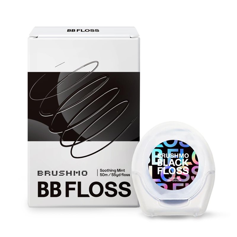 Brushmo Black Floss (BBFloss) - Expanding Floss, Gum-Friendly Soothing Mint Dental Floss, Natural Vegan Wax to Remove Plaque from Teeth, US-Dentist Designed PTFE & PFAS Free Oral Care, 1 Spool, 55 yd