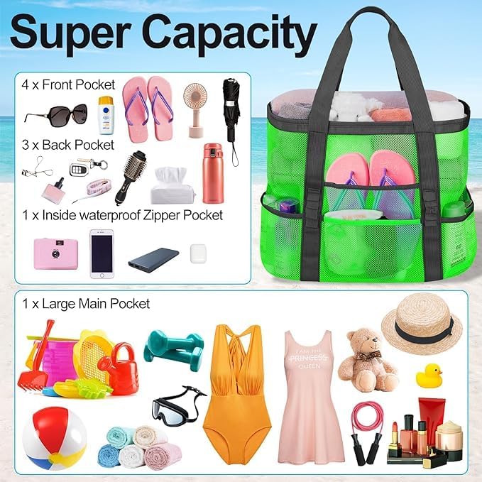 Mesh Beach Bags for Family - Women Beach Tote Bag for Toys, Towels, Travel Vacation Cruise Essentials