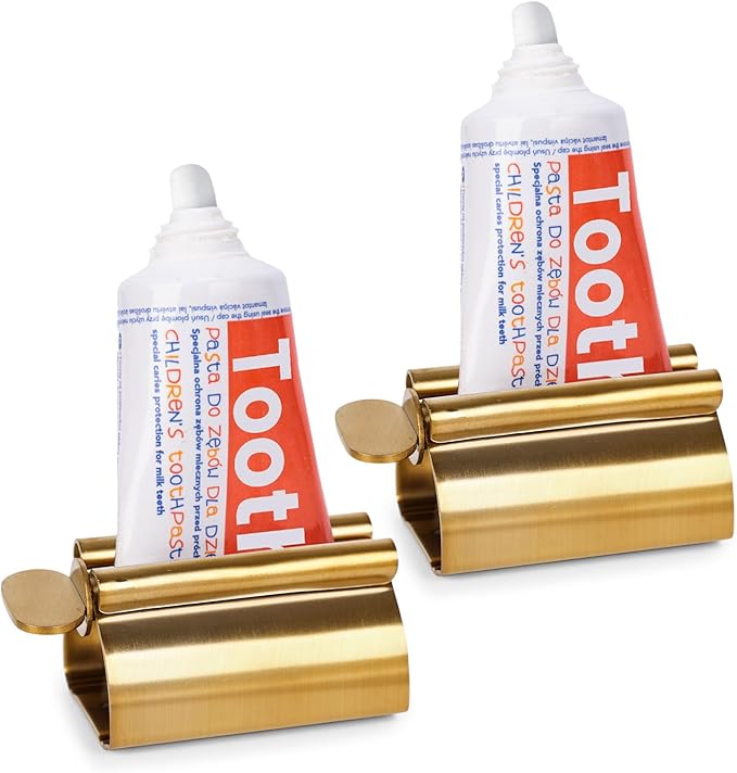 LOVEINUSA Toothpaste Tube Squeezer Dispenser, 2PCS Toothpaste Roller Squeezer Tool Stainless Steel Tooth Paste Holder for Bathroom, Matt Gold