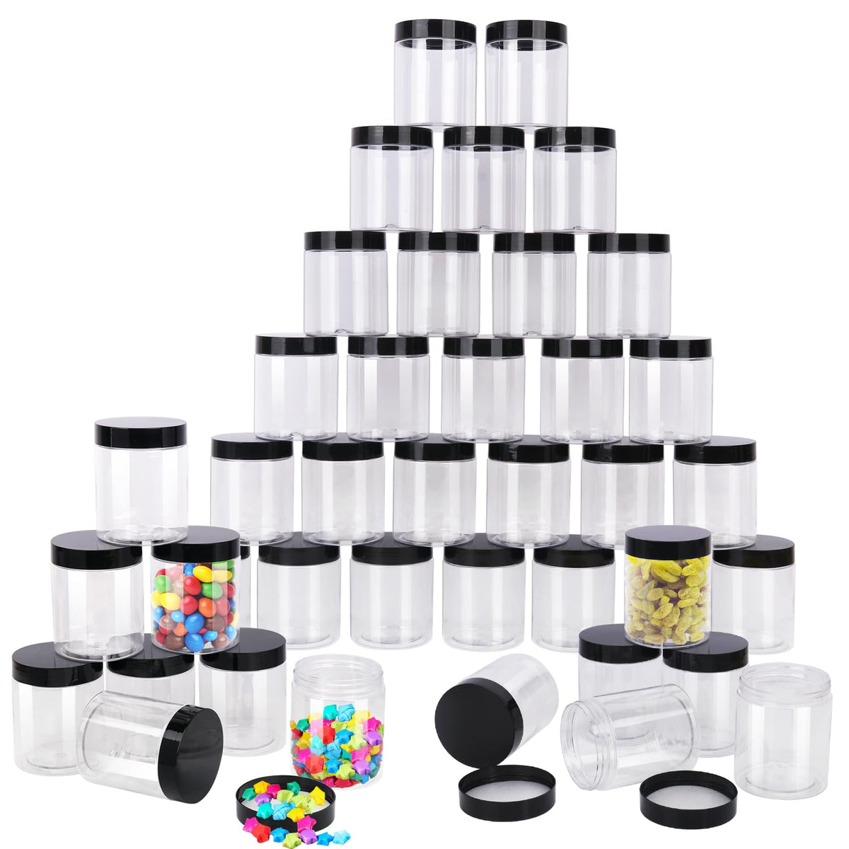 IHDYPPEW 48 Pack 8 OZ Clear Plastic Jars with Black Lids, Empty Plastic Mason Jars, Cosmetic Jar with Lids for Cream, Body Butters, Moisturizers, Candy, Beads, Samples (Clear)