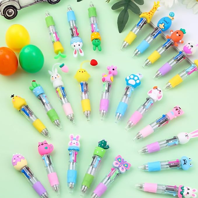24PCS Easter Fun Pens 0.7mm Cute Bunny Egg Multicolor Ballpoint Pens Retractable 4 Colors in 1 for Easter Party Favors Basket Stuffers School Supplies Students Rewards