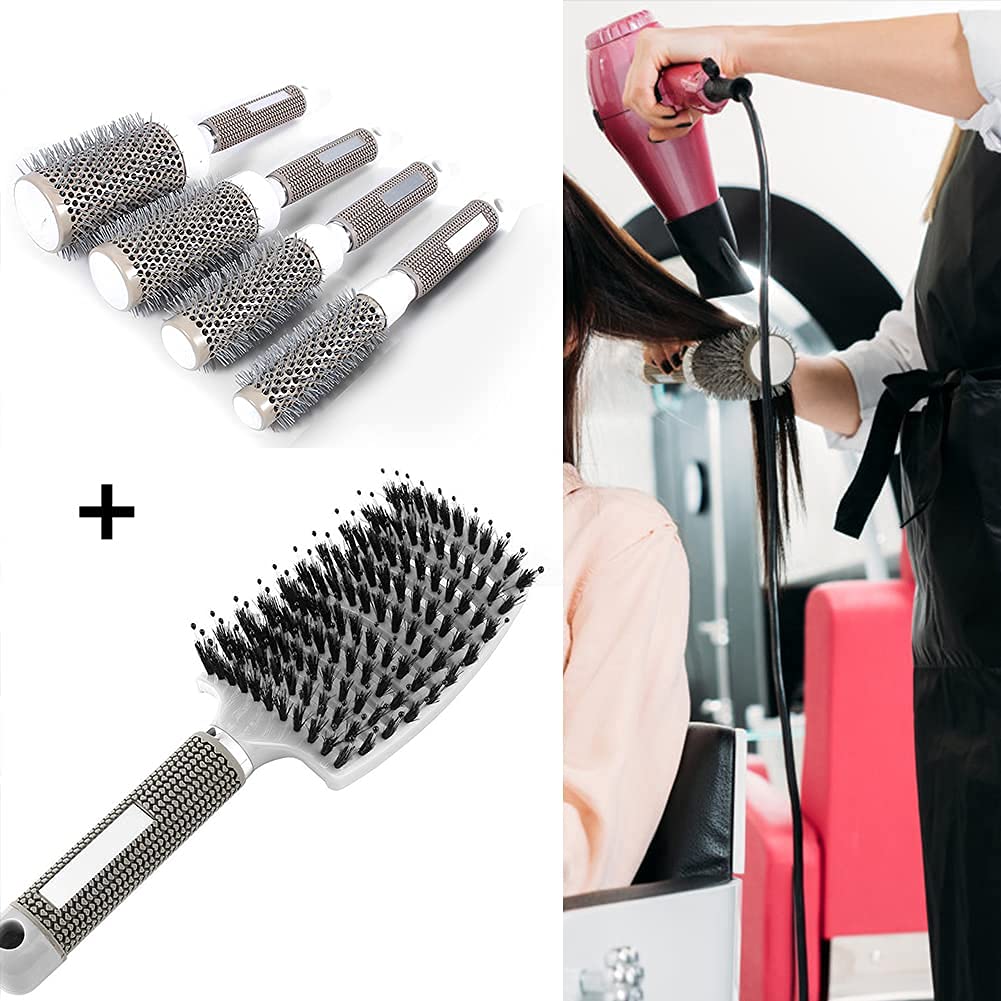 Round Brush Set for Blow Drying, with Boar Bristle Vented Curved Detangling Hair Brush, Thermal Ceramic & Ionic Tech Reduce Frizz Hair, Makes Hair More Smooth and Shiny for Curling & Straightening