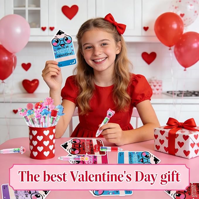 30 Pack Valentines Fun Pens with Cards 0.7mm Cute Animal Multicolor Ballpoint Pens Retractable 4 Colors in One Valentines Stationery Party Favors School Supplies Students Rewards
