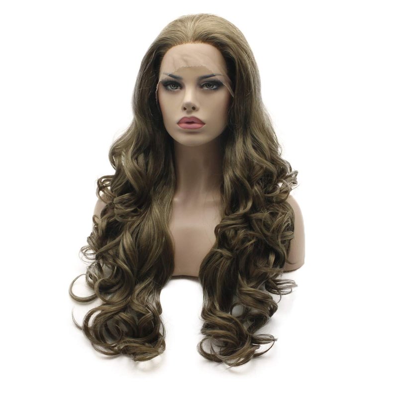 Lushy Hair Wavy Long 24inch Ash Brown Blonde Mix Wig Heat Resistant Heavy Density Realistic Synthetic Lace Front Wig
